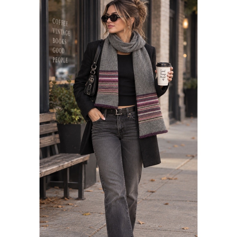 Express Lambswool Scarf Gray Striped Beaded Wool Winter Y2K Women's